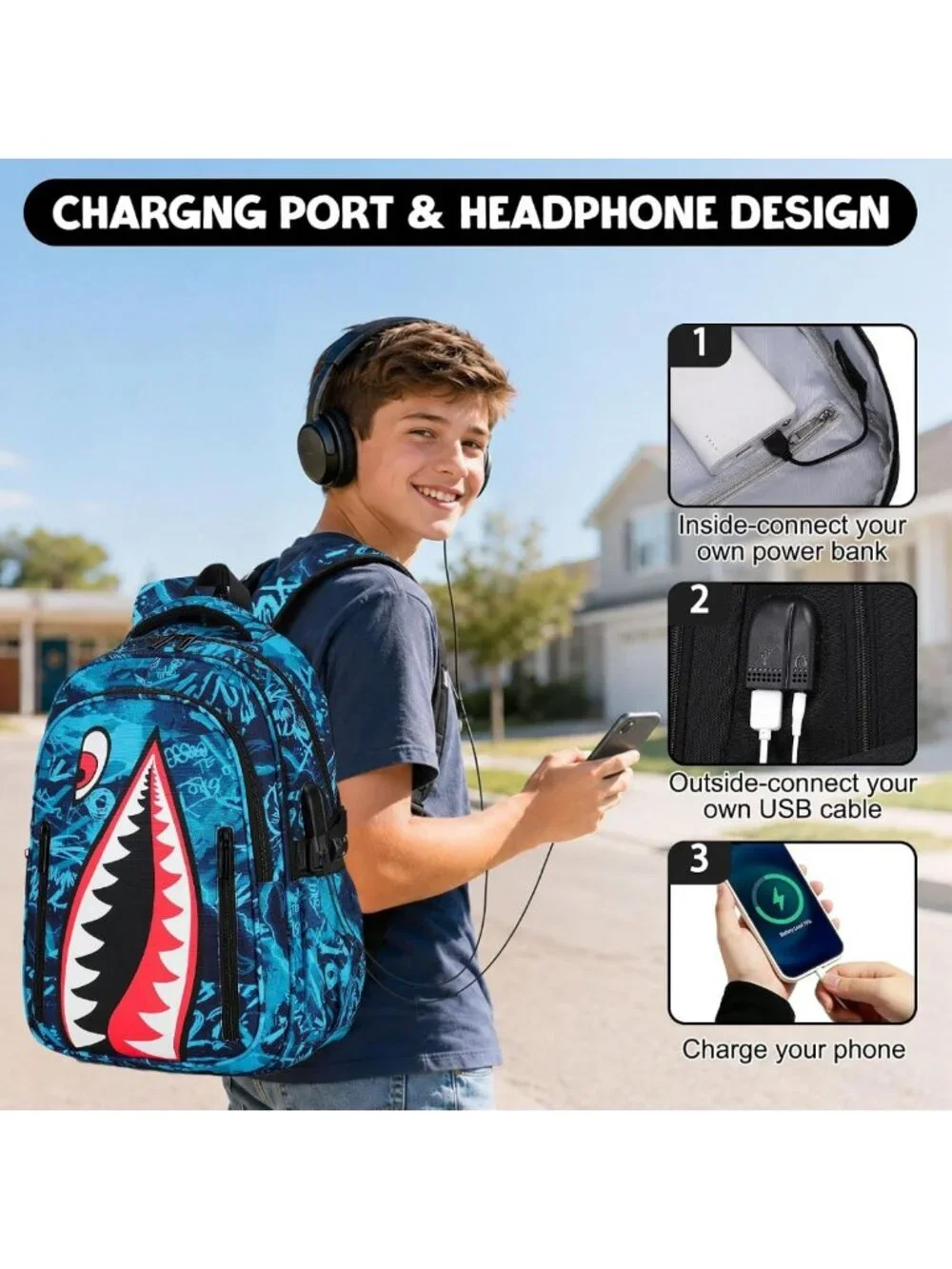 Cool Luminous Shark Backpack Set for Boys with Lunch Box - 3PCS Adventure Gear